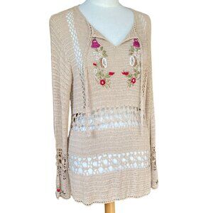 Newport News Crochet Coverup Sweater Sz 1X Mesh Embroidered Beach Coastal Resort